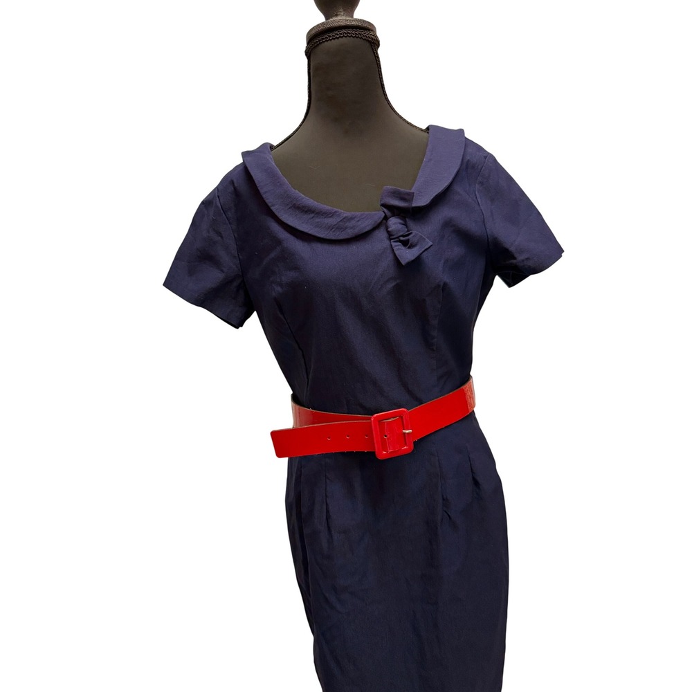 Navy Blue Retro Wiggle Dress Stretchy Pin Up Portrait Collar with Red Belt